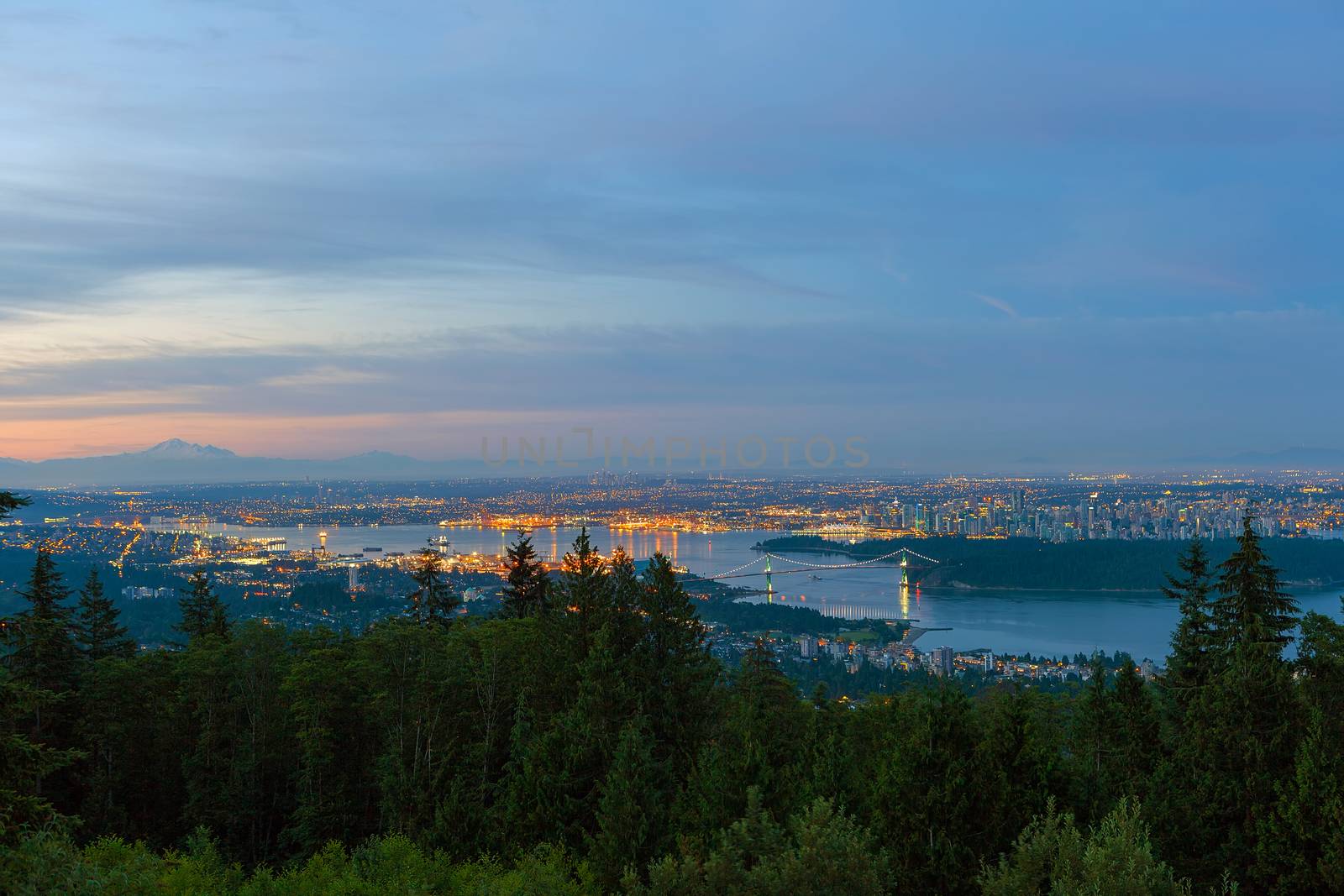 Vancouver British Columbia Canada cityscape mountain Stanley Park aerial view during early morning dawn