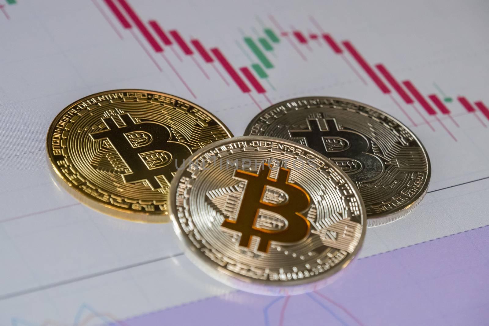 Cryptocurrency coins over trading graphic japanese candles; Bitcoin coins