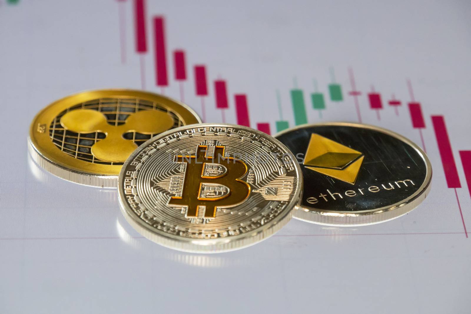 Cryptocurrency coins over trading graphic japanese candles; Bitcoin, Ethereum and Ripple coins
