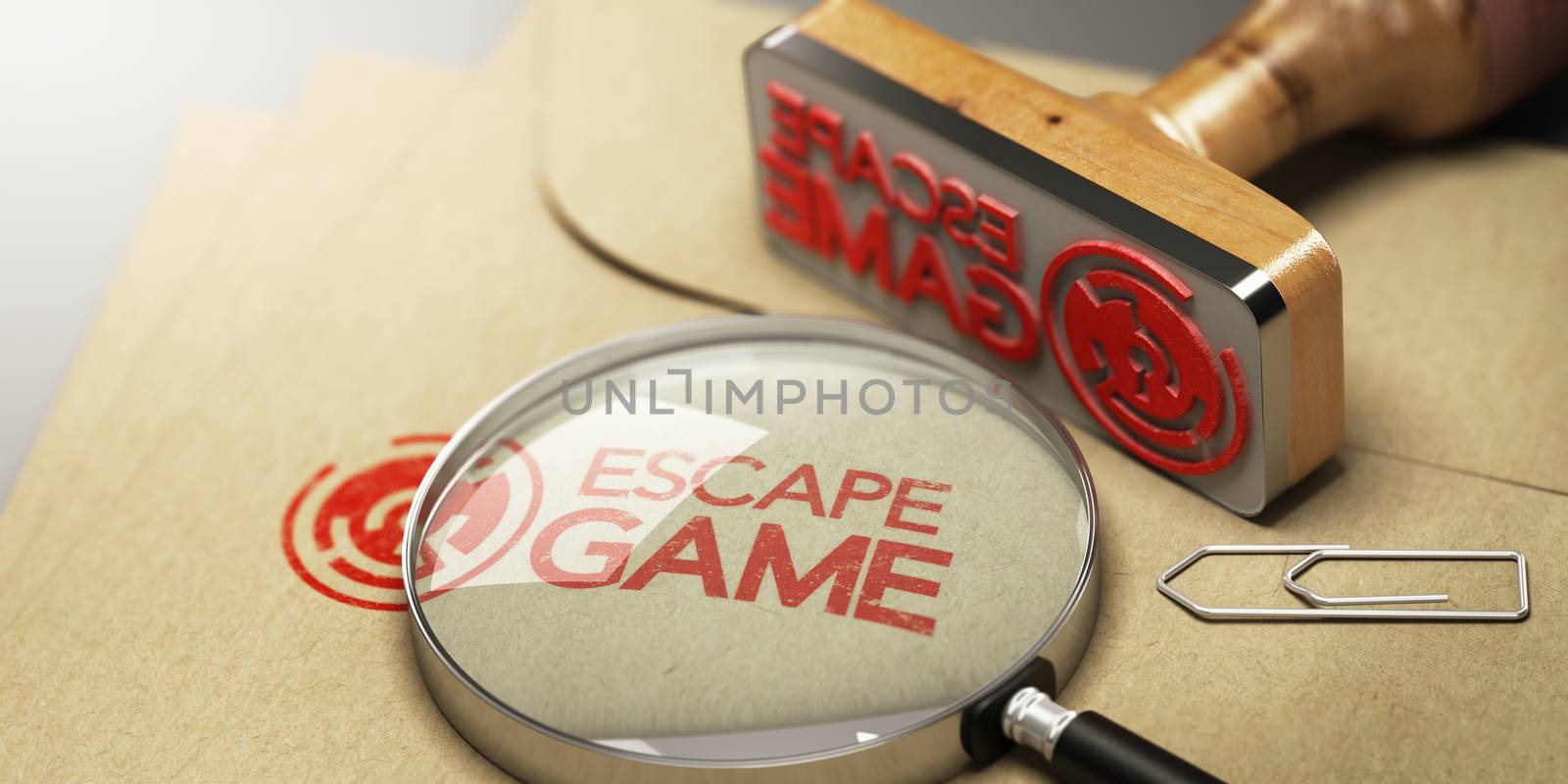 Kraft envelop with enigma inside and the word escape game stamped on it.