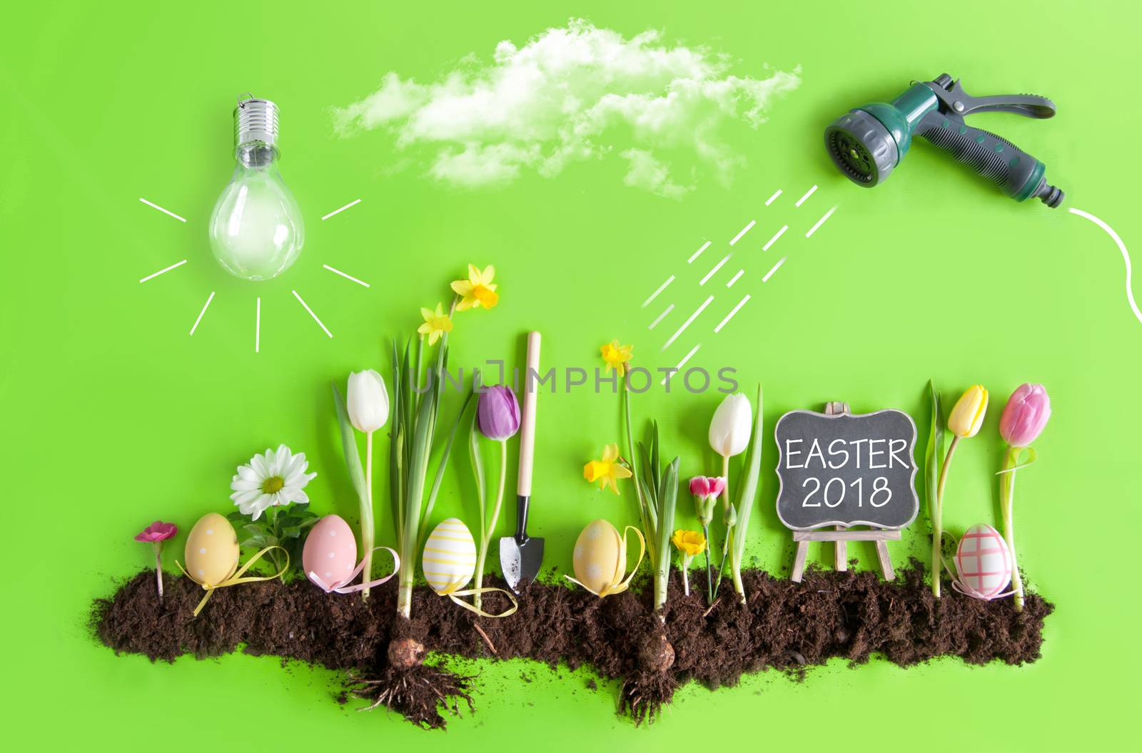 Easter flower bed garden with row of painted eggs amongst flowers, clouds, light bulb as the sun, and hose pipe with a sketch of water being sprayed 