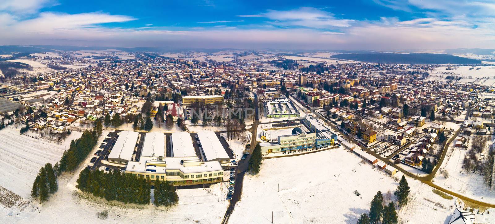 Aerial snowy winter view of Krizevci, town in Prigorje, Croatia