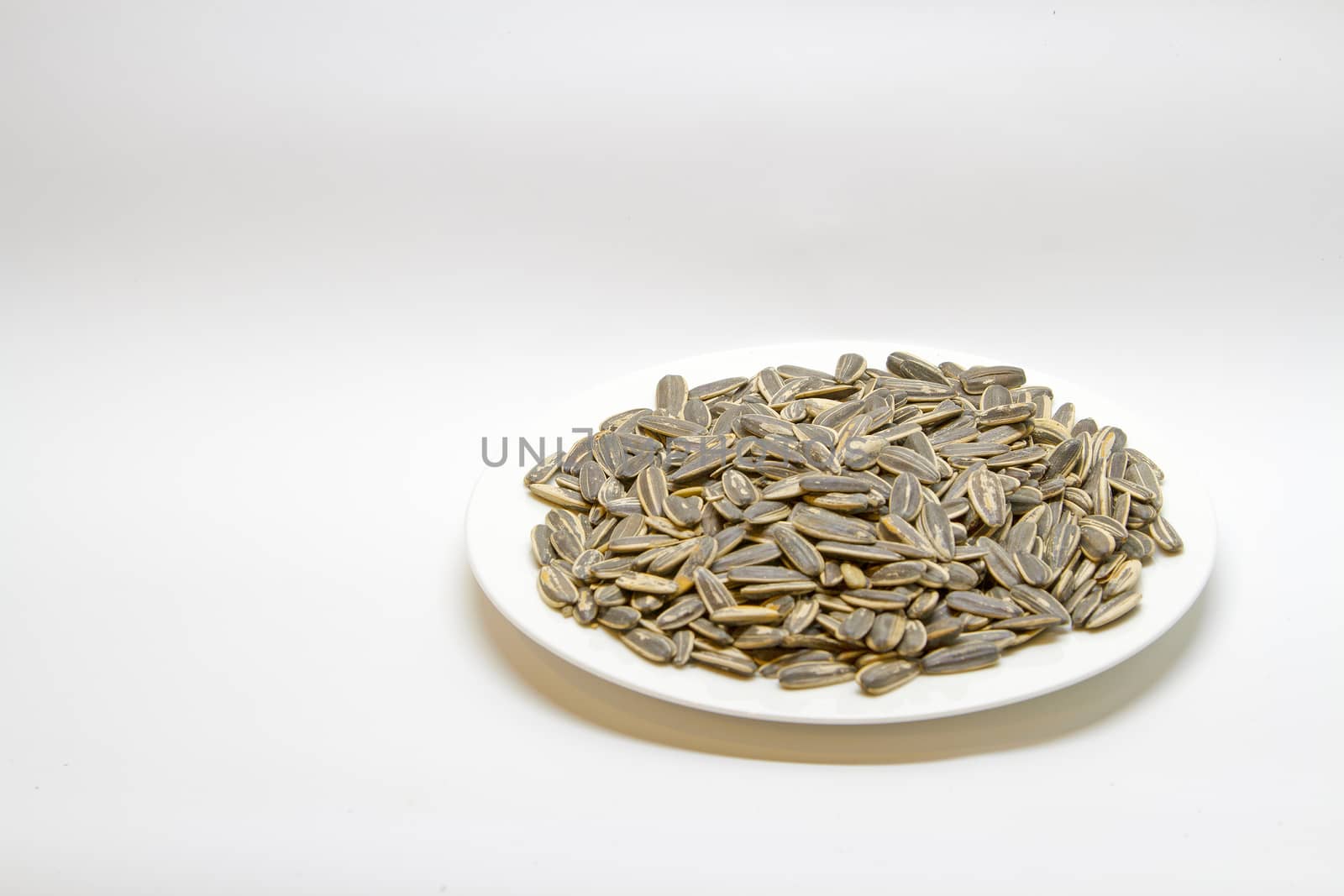 Dried sunflower seeds in the white plate on white background.