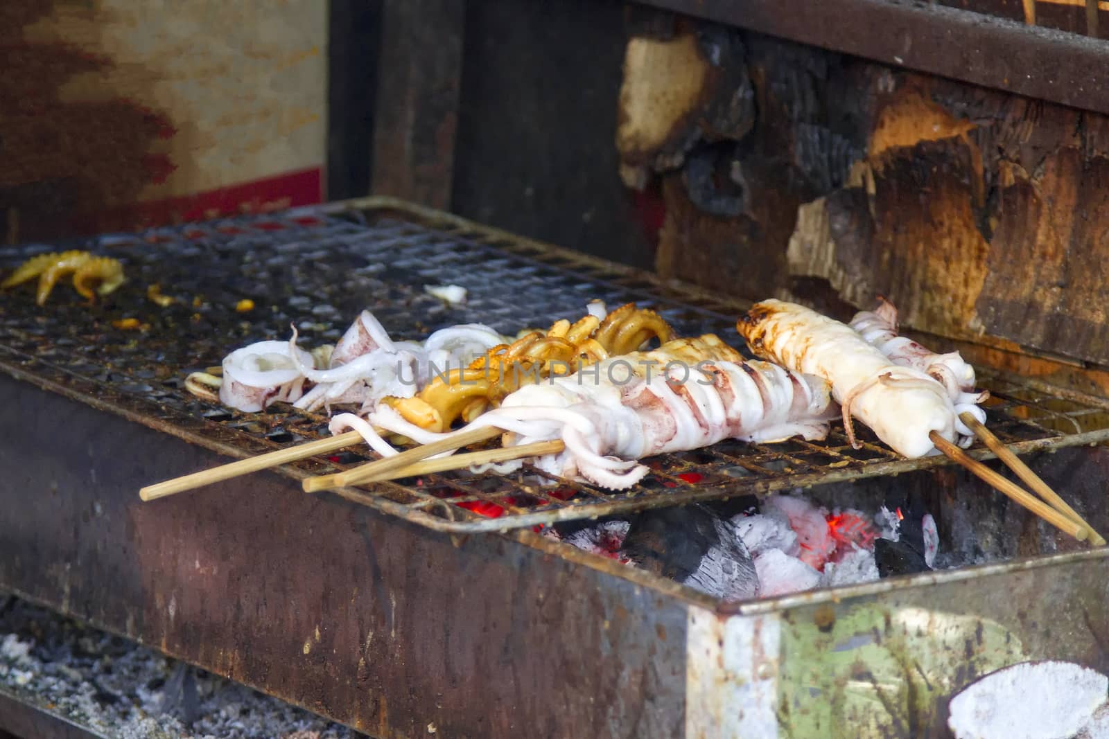 Squid grilled on a grill rack on the fireplace. by TakerWalker