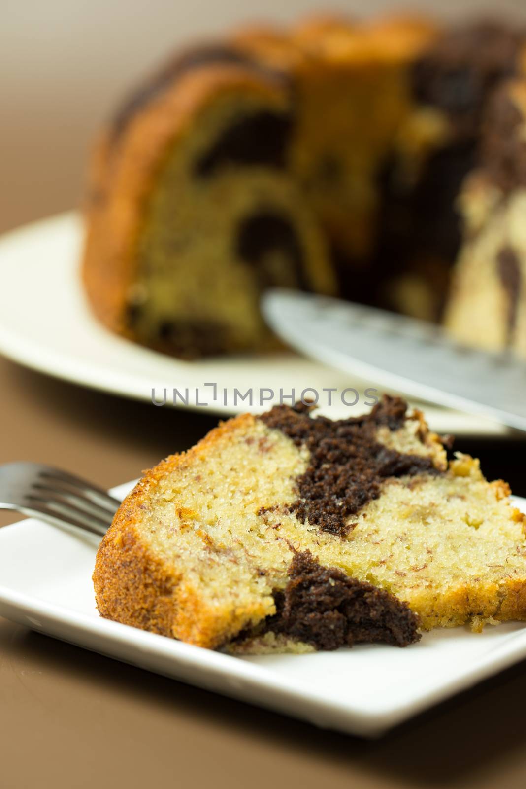 Homemade banana chocolate bundt cake ready to serve