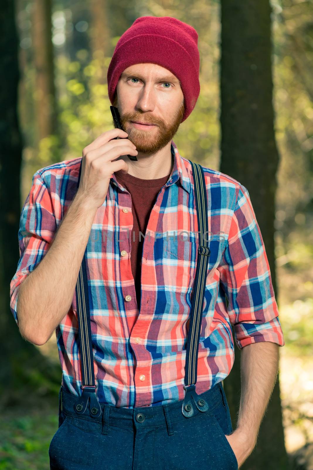 vertical portrait of a rural bearded man in a forest, a man combing his beard