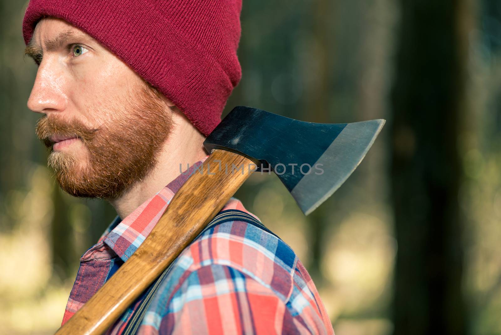 a forester with an ax, a close-up portrait, an ax carries on his shoulder