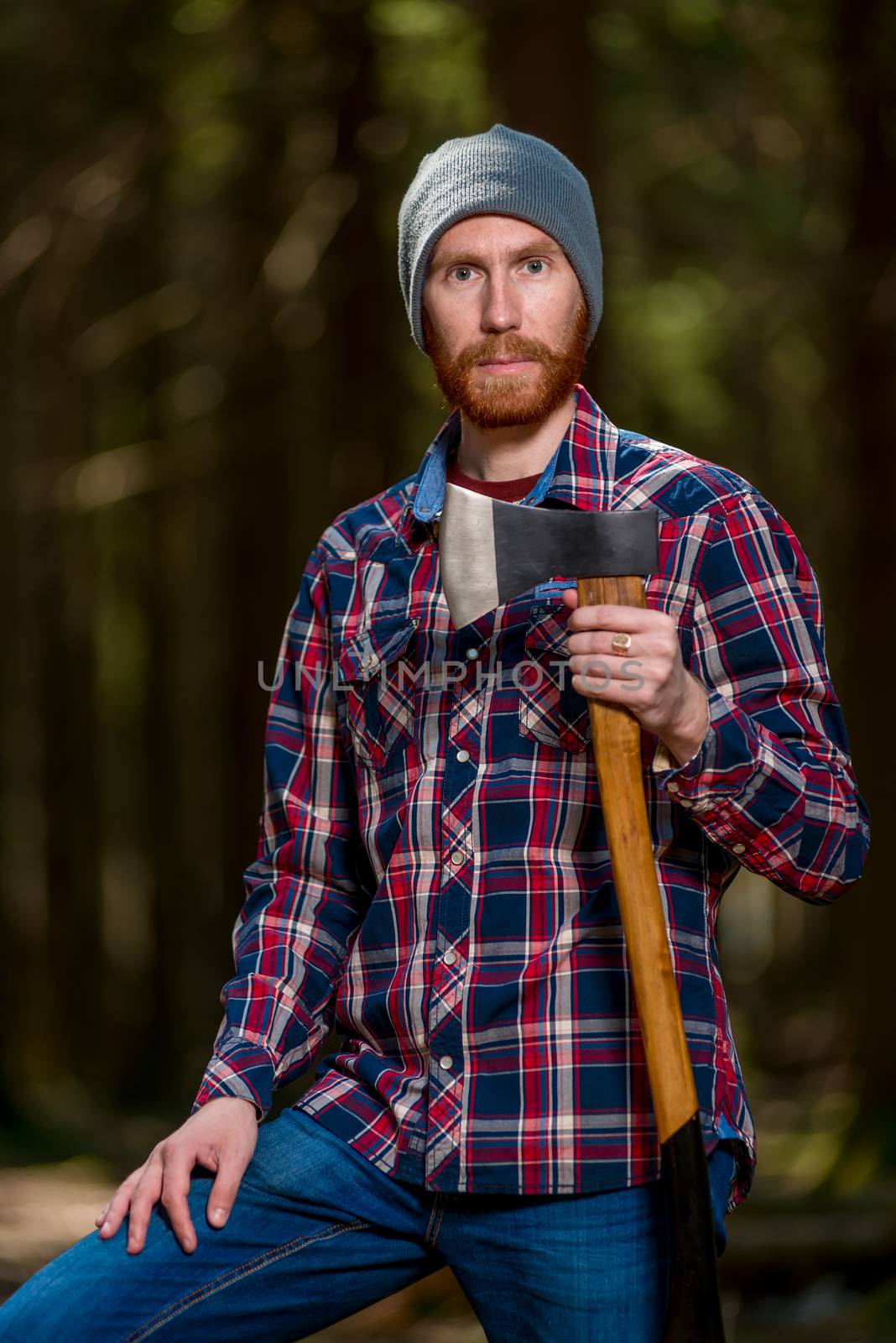 portrait of a man with an ax in his hands in the woods