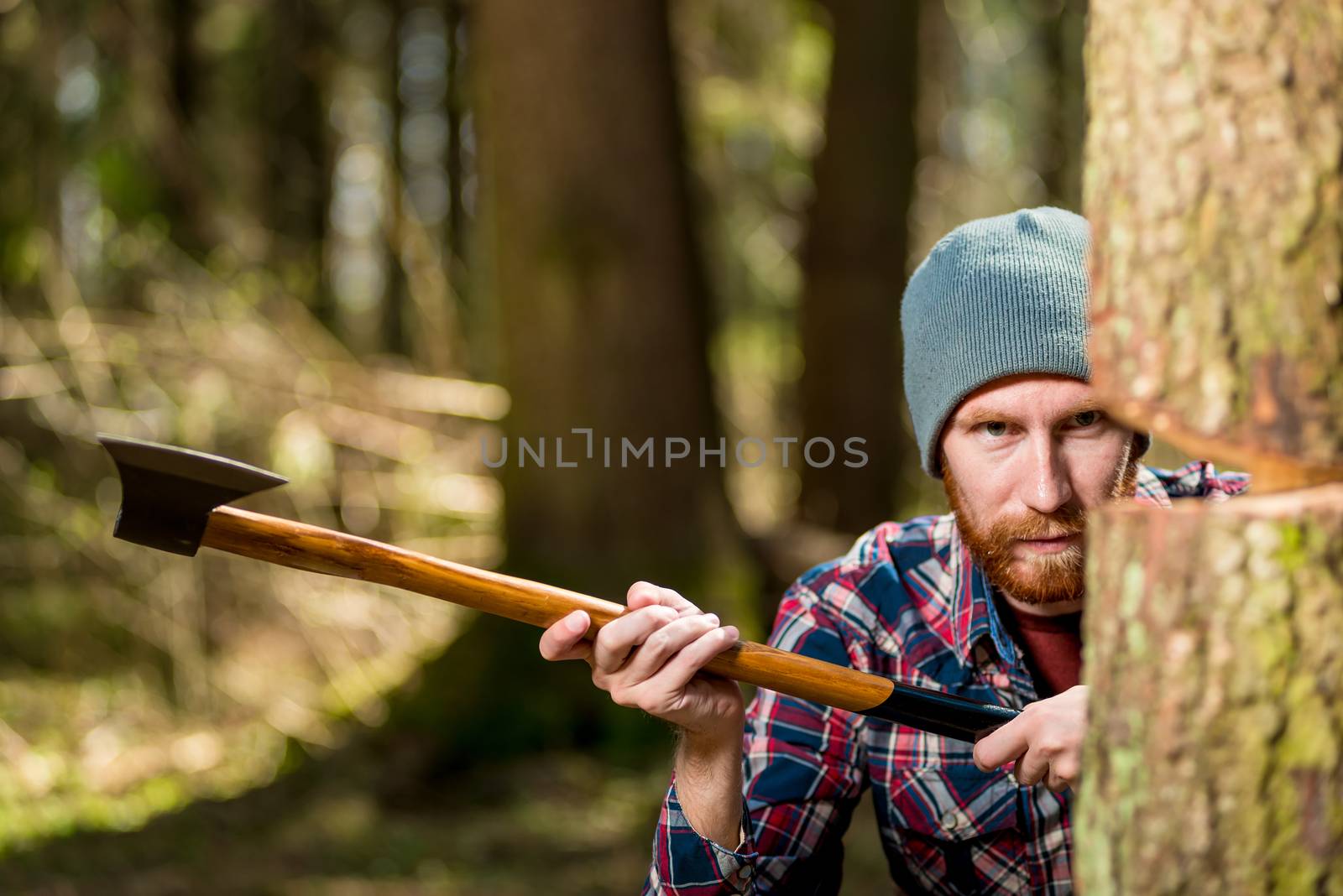 lumberjack with an ax and tree trunk, focus on the face