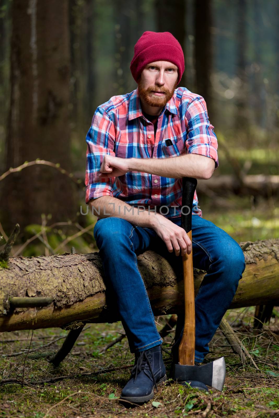 portrait of an experienced forester with an ax sitting on a fell by kosmsos111