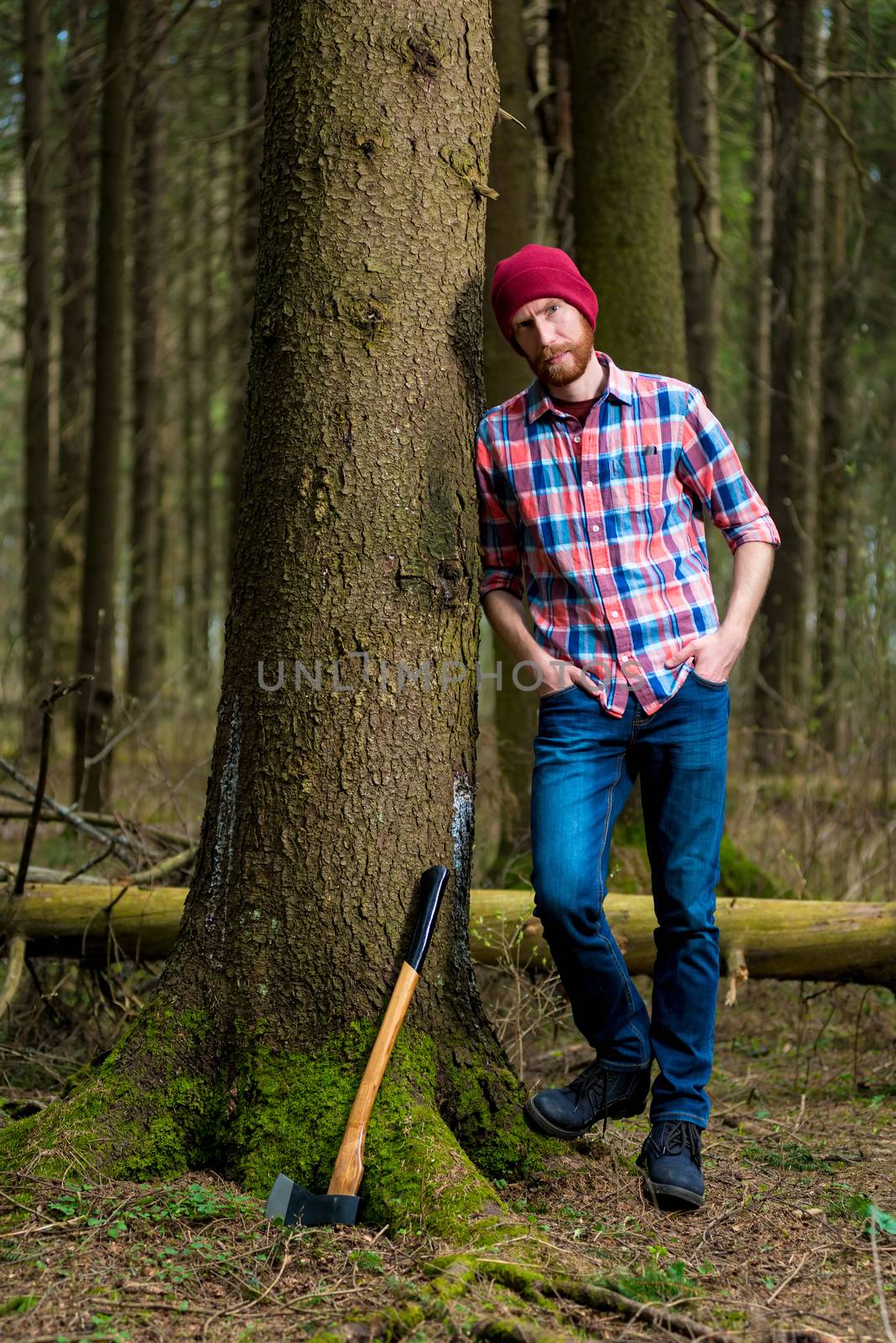 relaxed forester resting with an ax, leaning against a tree