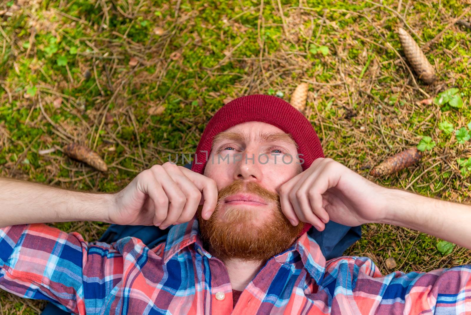 thoughtful hipster stroking his red beard, a portrait of a curtain, a man lying on the ground in the forest