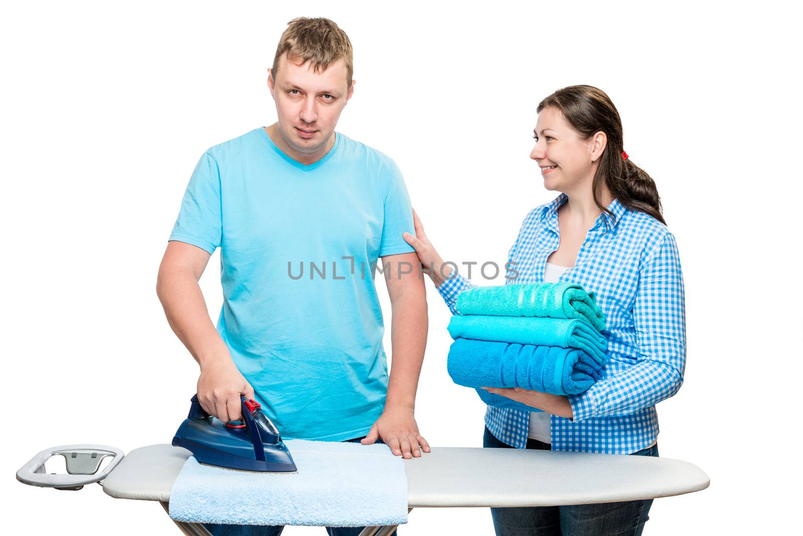 a young married couple at the time of ironing clothes, a portrait is isolated on a white background