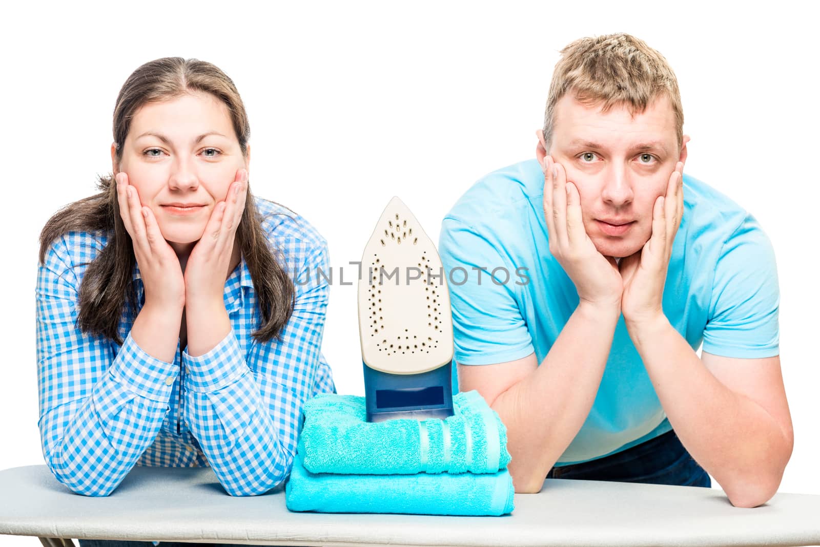 husband and wife posing on ironing board with iron, shooting on white background