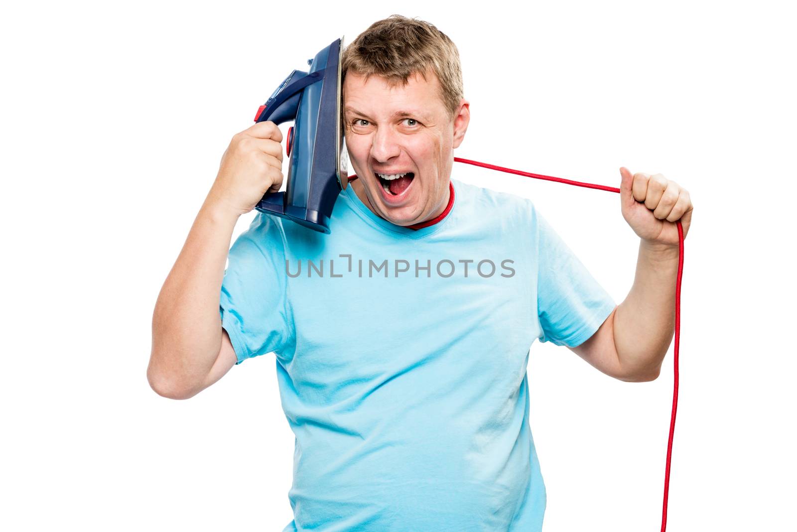 concept photography - crazy man smothering himself with a wire from an iron on a white background