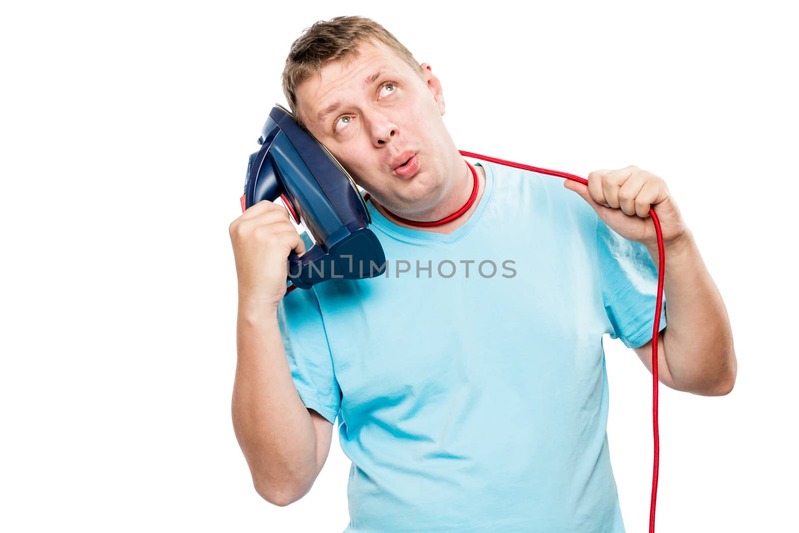 concept of a crazy man strangling himself with a wire from an iron on a white background