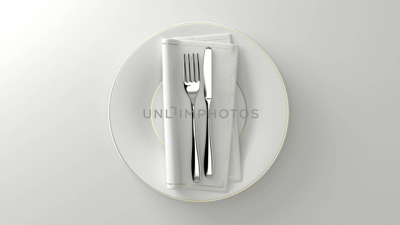 Clean design flatware. Fork, knife, towel on a plate. 3D rendering.