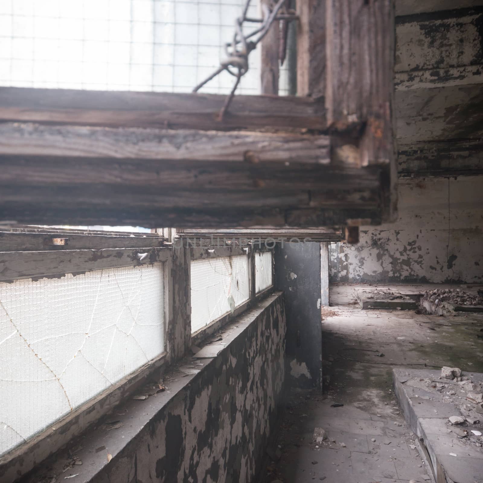 wide angle view of an old wall abandoned factory building