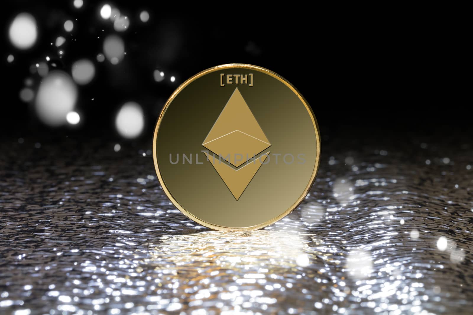 ethereum crypto currency close-up on darkly shiny background
