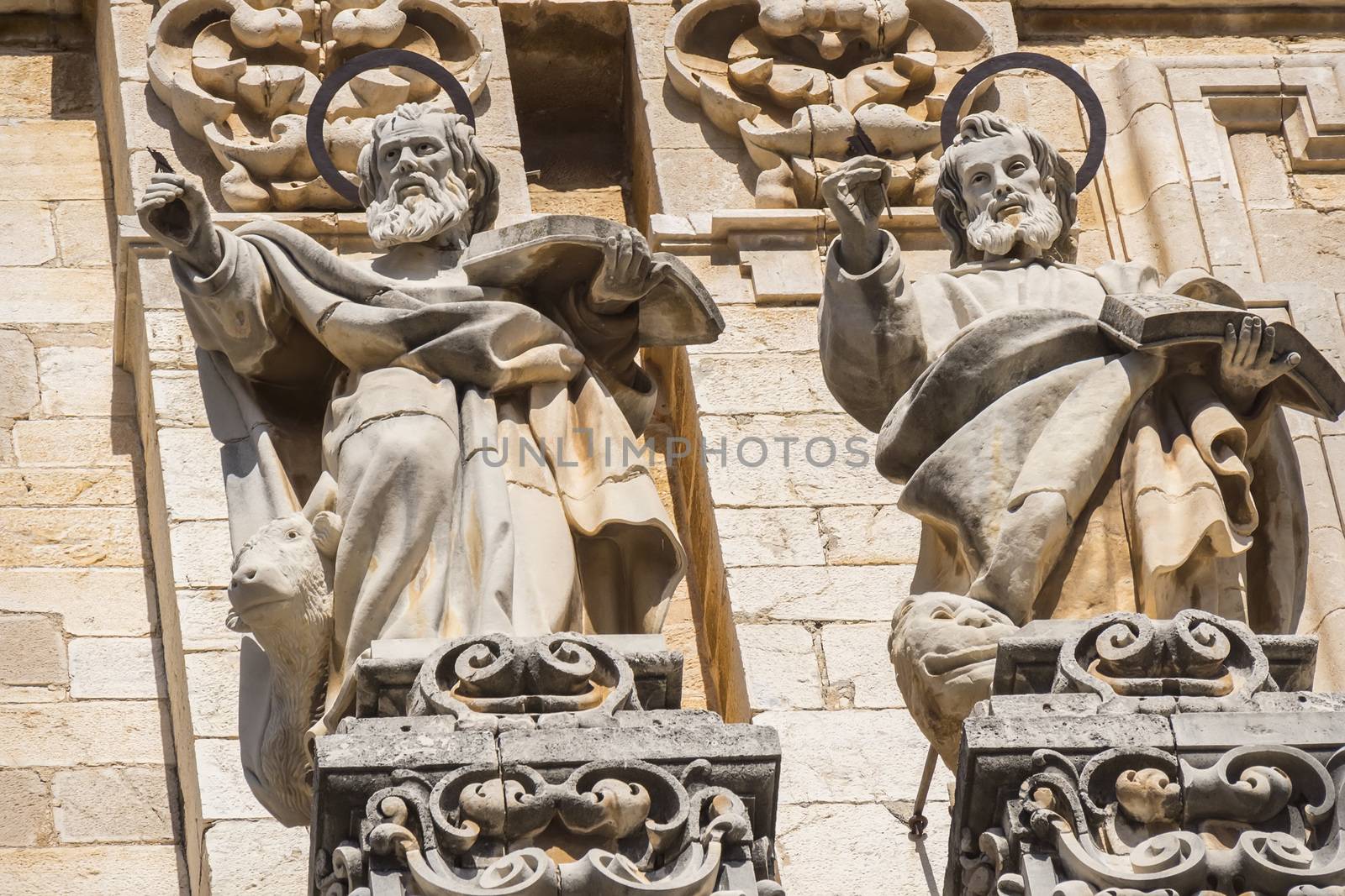 Jaen Assumption cathedral detail facade saints, Spain
