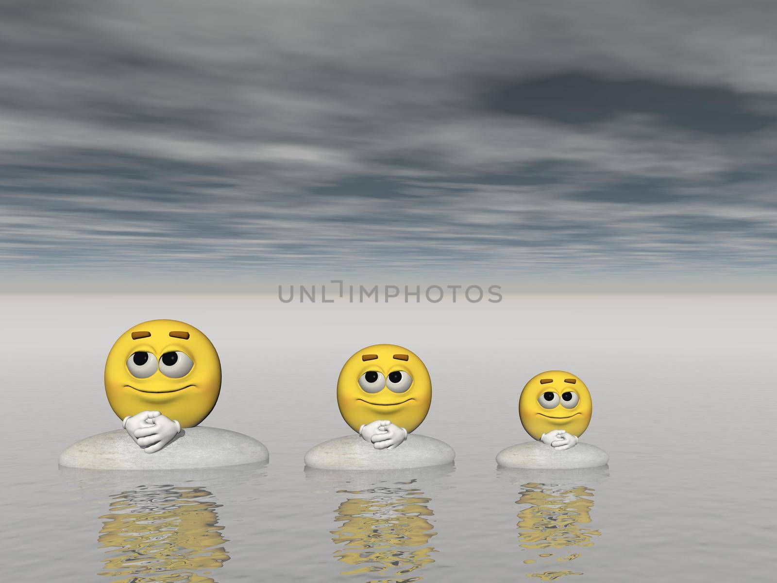 Three Meditating emoticon and steps - 3d rendering by mariephotos