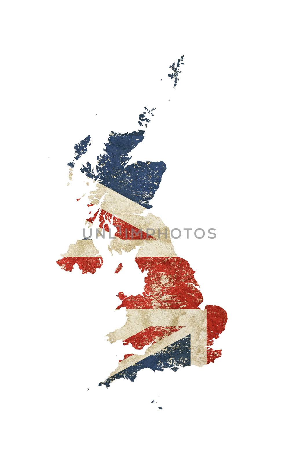 UK map shaped old grunge vintage dirty faded shabby distressed Great Britain national flag isolated on white background