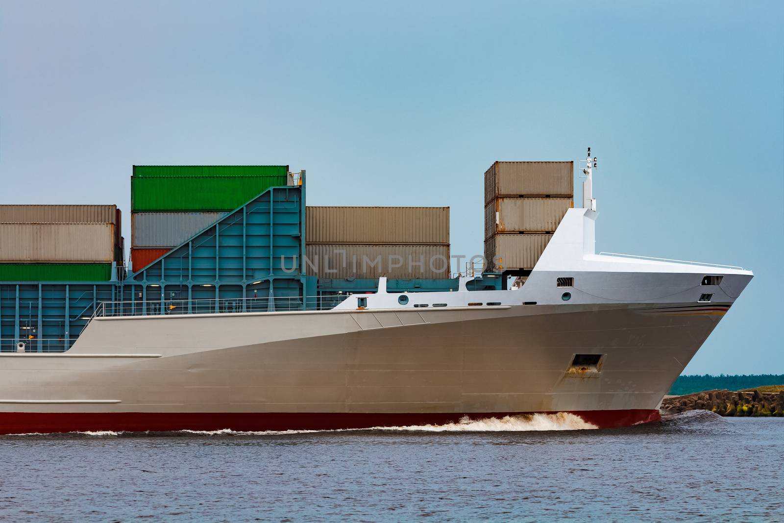 Grey container ship. Logistics and production import