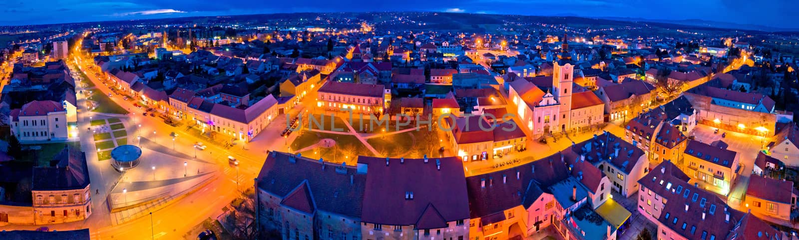Town of Krizevci aerial panoramic night view, Prigorje region of Croatia