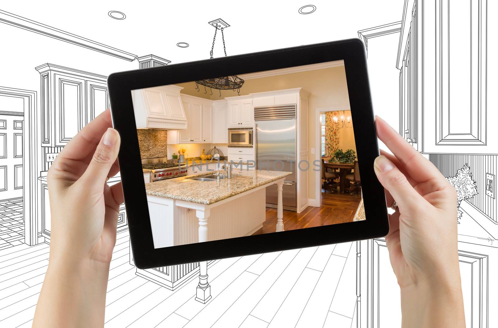 Female Hands Holding Computer Tablet with Kitchen on Screen &amp; Drawing Behind. by Feverpitched