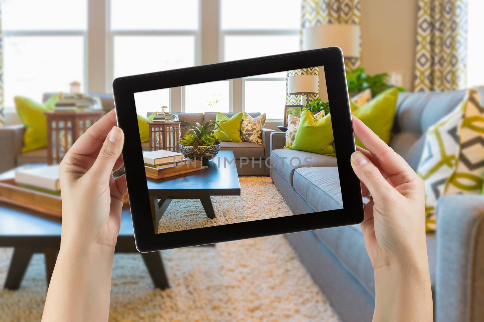 Female Hands Holding Computer Tablet In Room with Photo on Screen. by Feverpitched