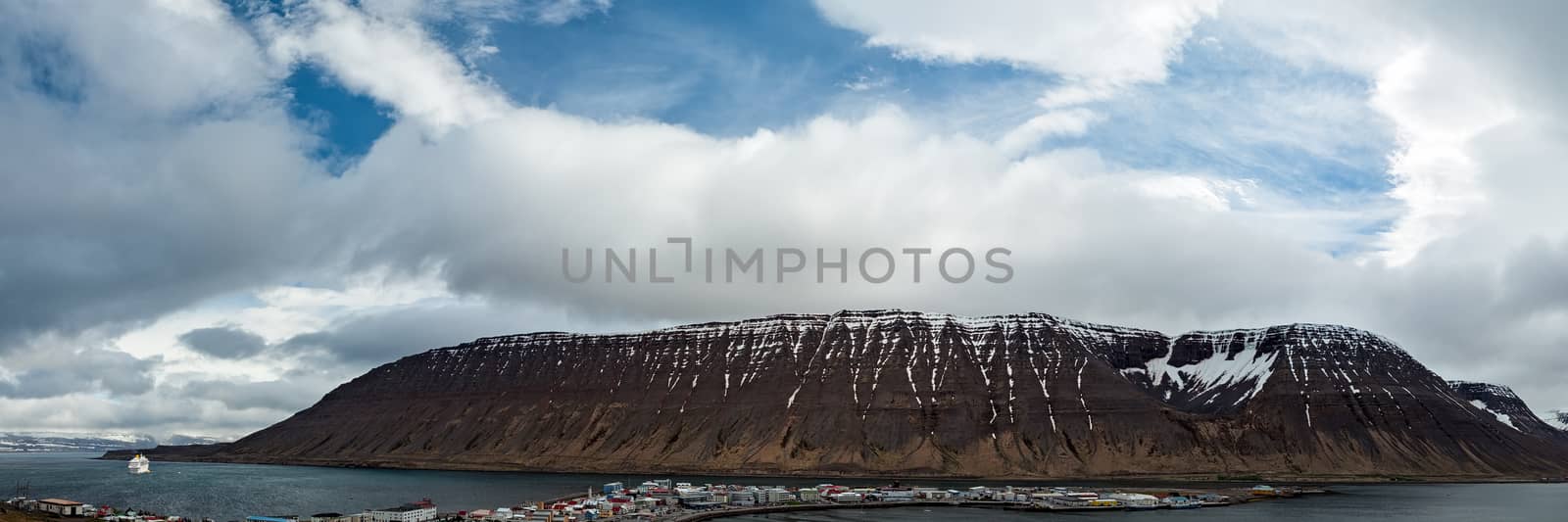 Panoramic view of the mountain and the harbor in Isafjordur, Iceland