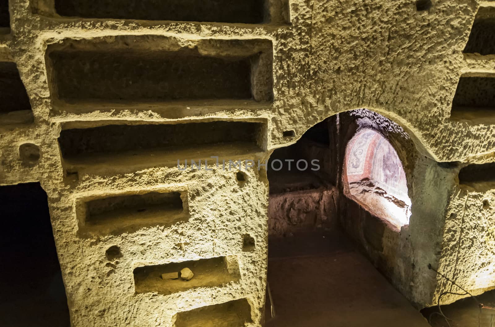 NAPLES, ITALY -MARCH 31, 2012: inside the Catacombs of San Gennaro in the heart of city of Naples, Italy