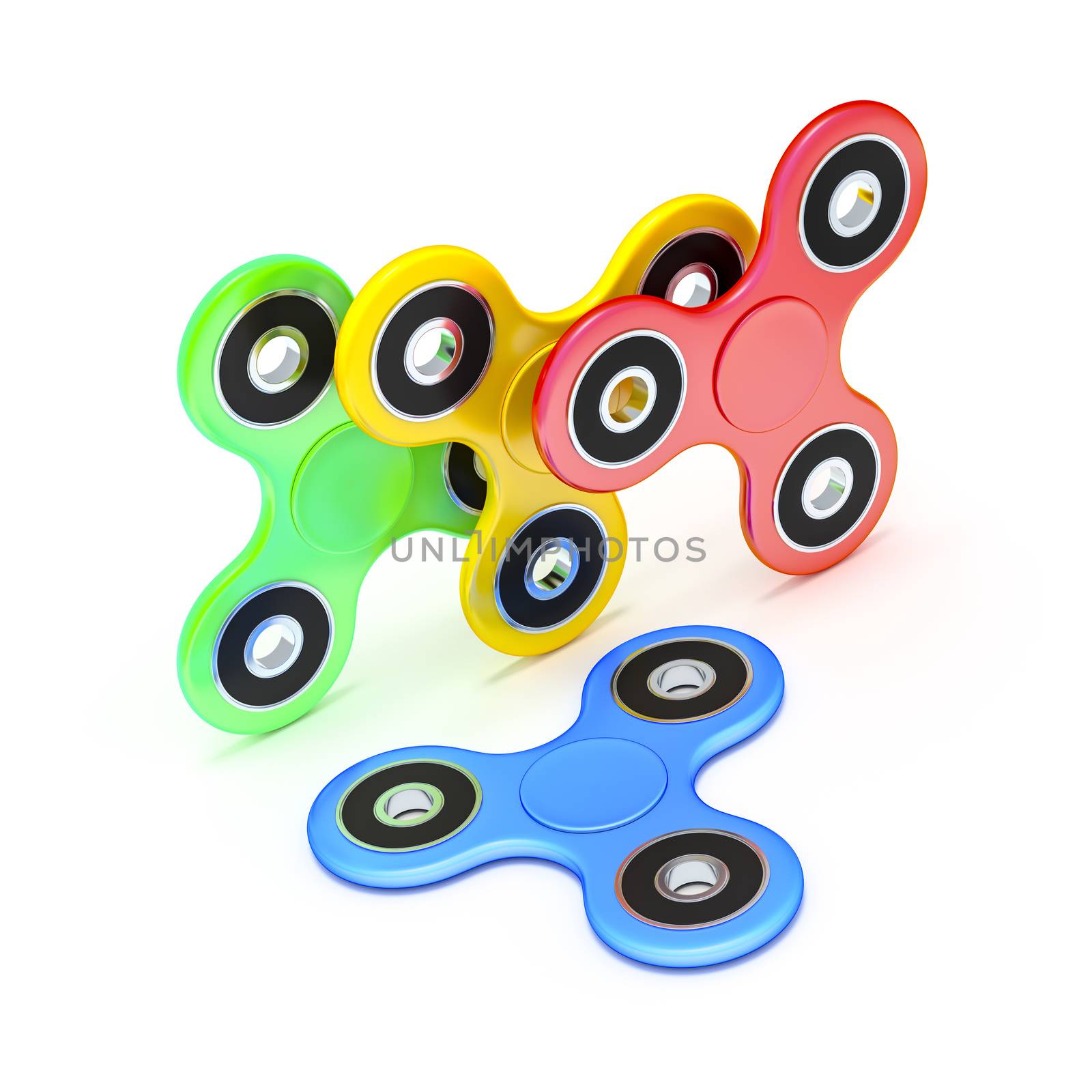 3d rendering of four fidget spinner in different colors