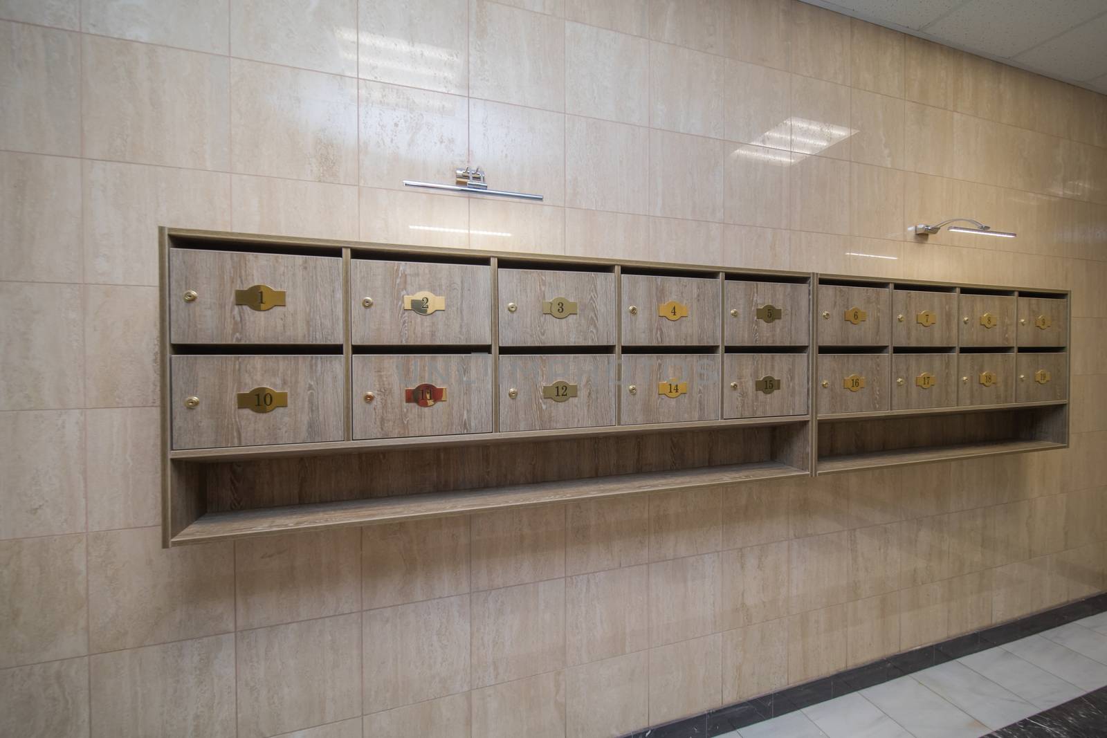 Empty hall luxury interior with mailboxes on wall