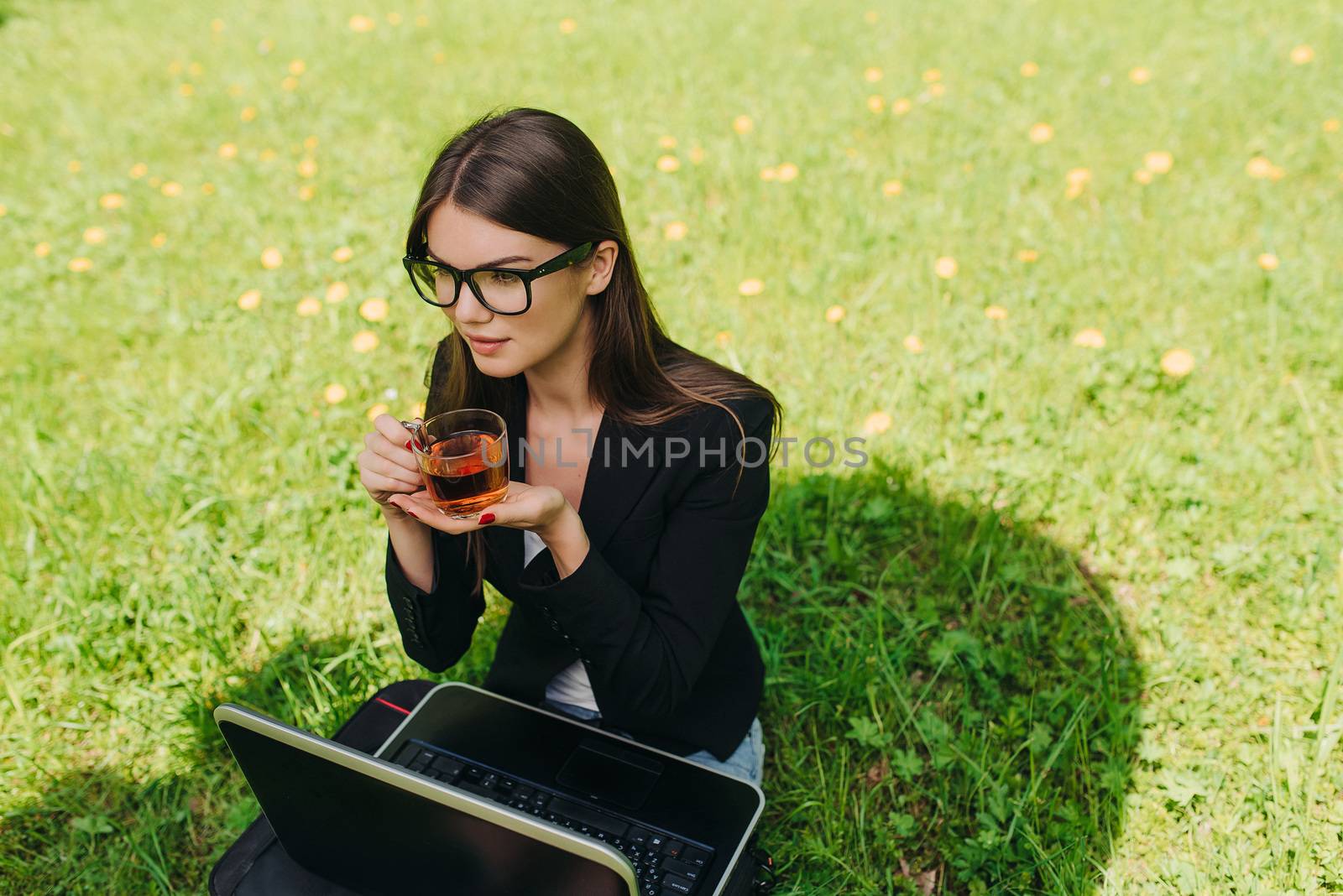 Business woman with laptop in park by ALotOfPeople