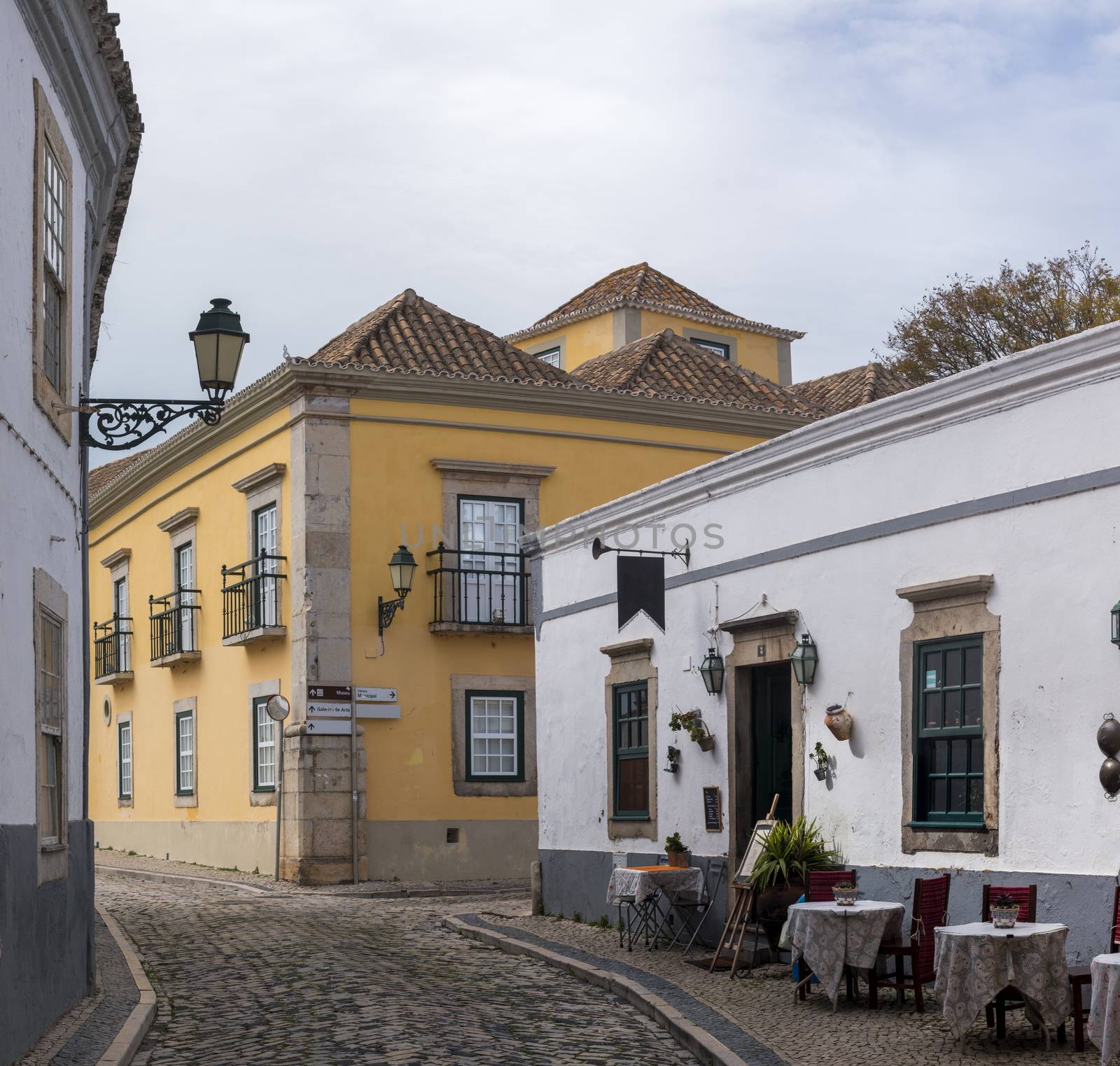 View of the typical streets in Faro city, located in Portugal.