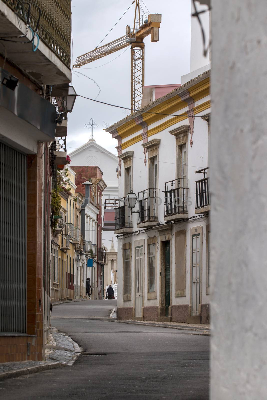 View of the typical streets in Faro city, located in Portugal.