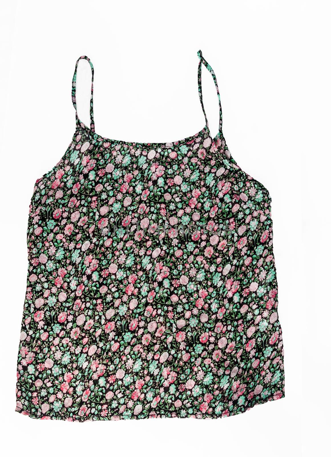 Colored sleeveless shirts with a trendy floral pattern, isolated by Tanacha