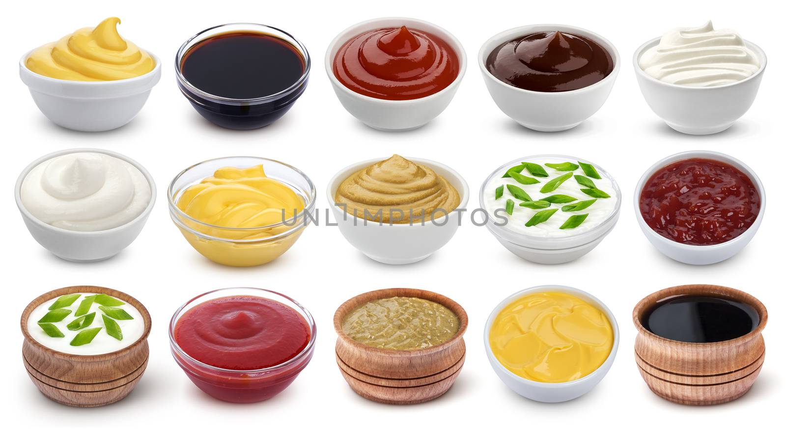 Set of different sauces isolated on white background with clipping path