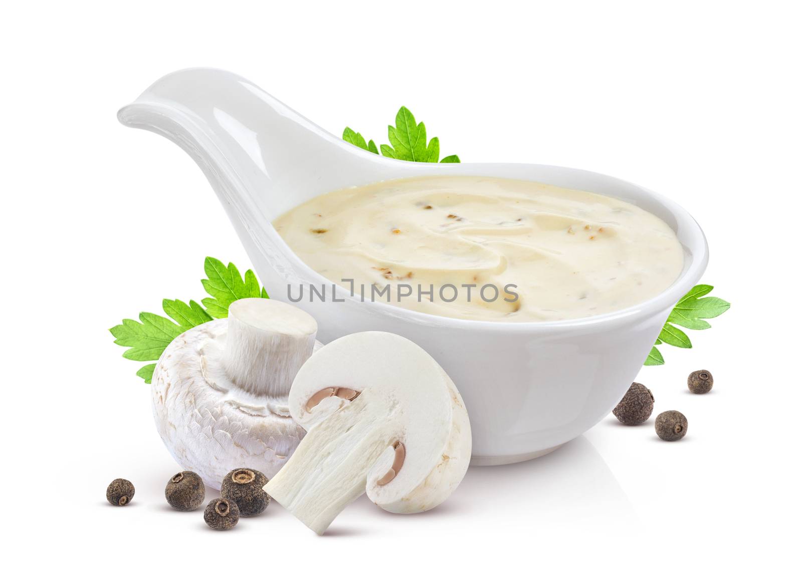 Sour cream with mushrooms. Mushroom sauce isolated on white background with clipping path