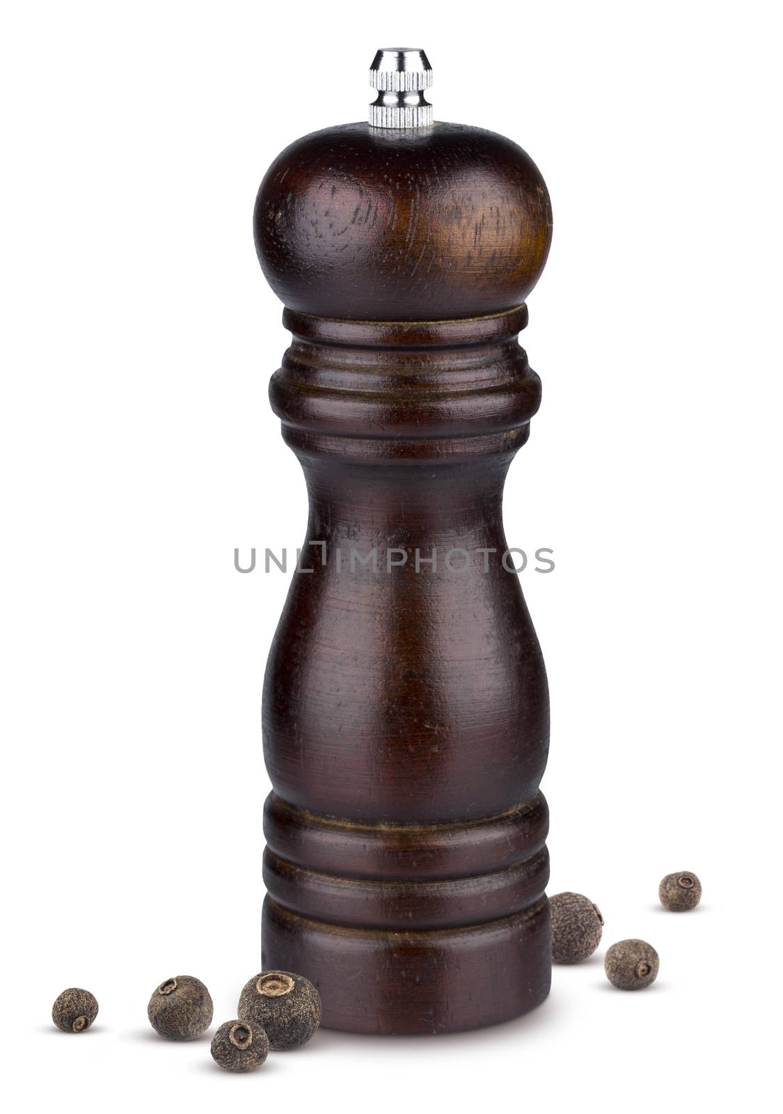 Pepper mill isolated. Dark wooden pepper mill isolated on white background