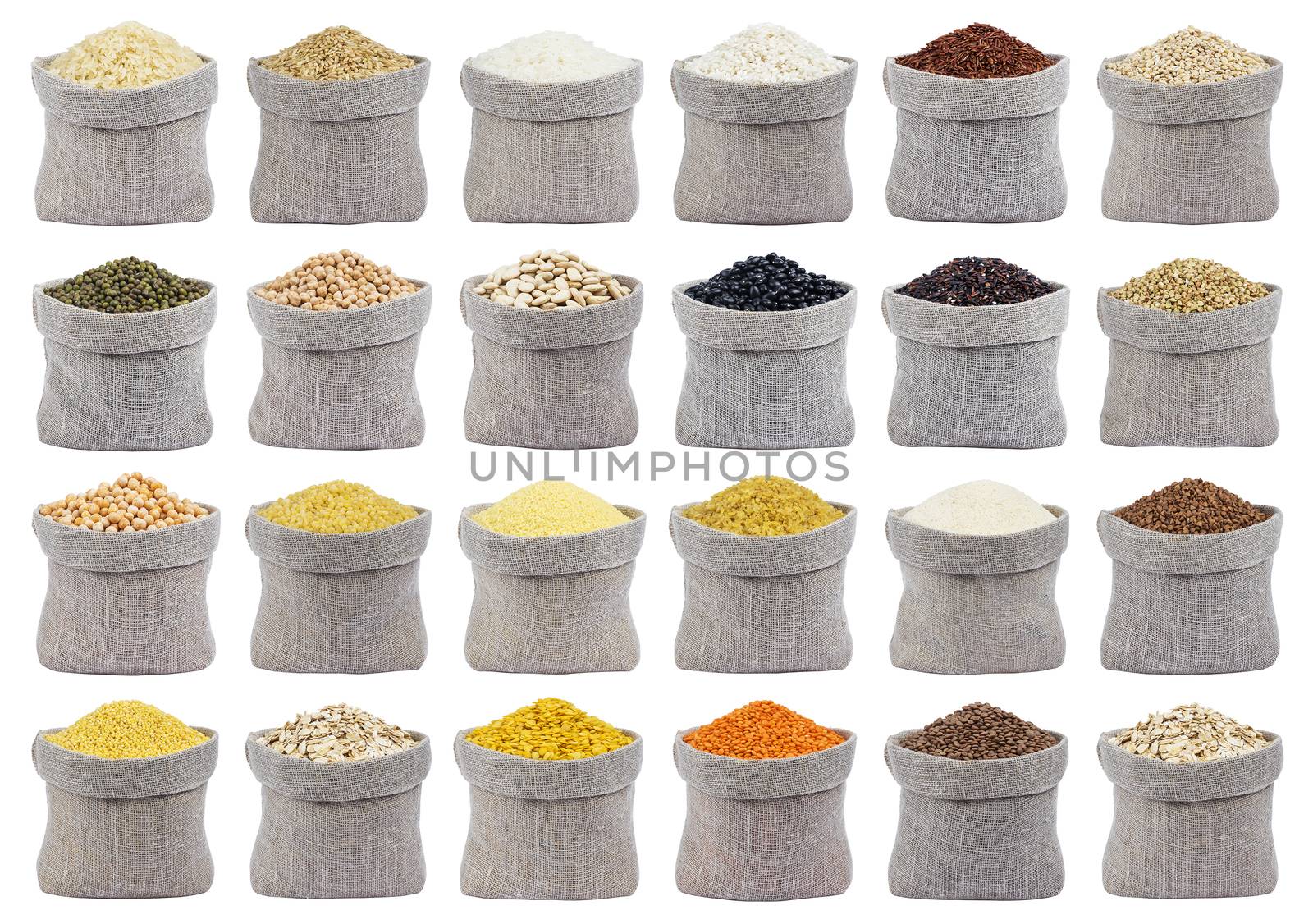 Collection of different cereals, grains and flakes in bags isolated on white background. by xamtiw
