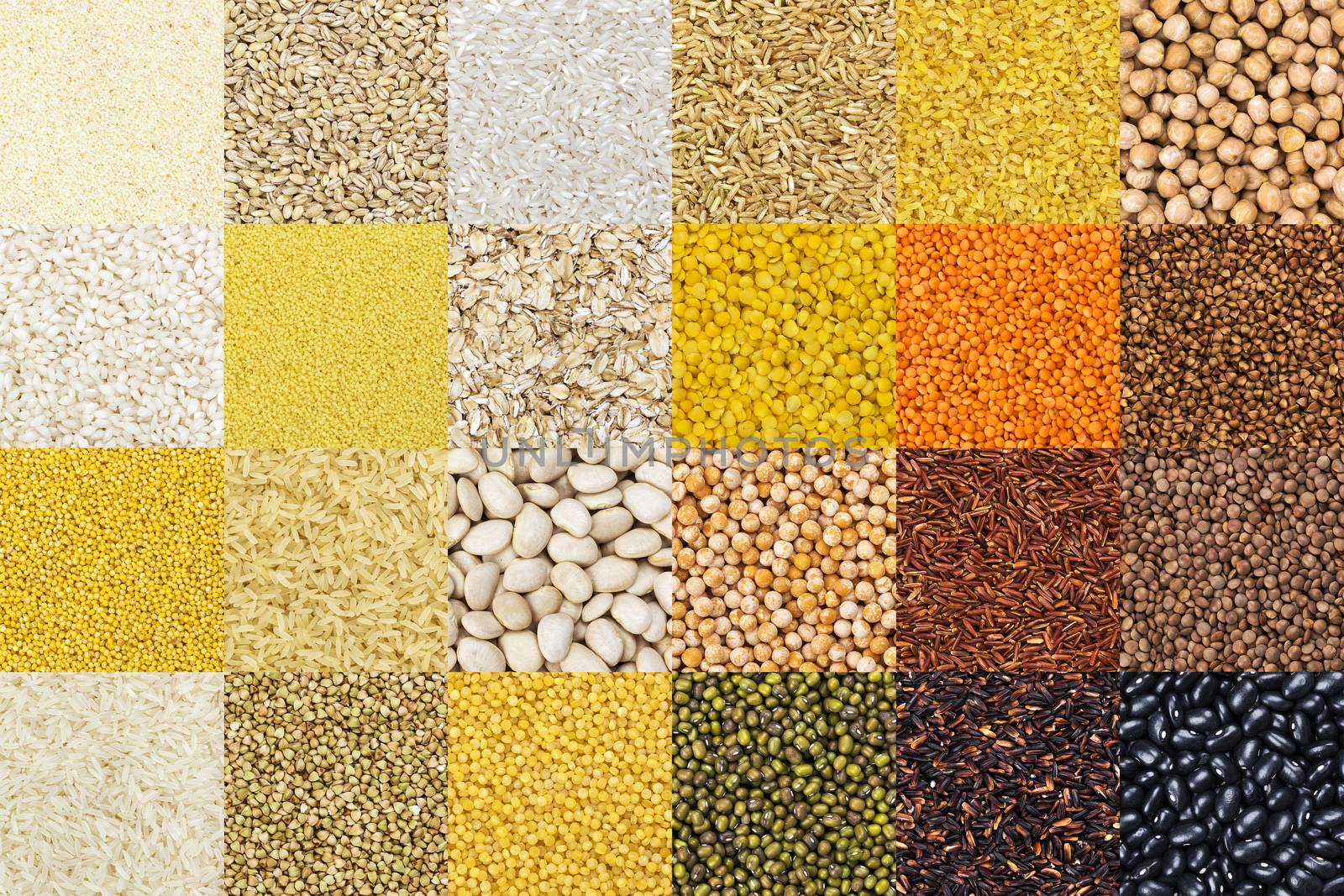 Big Collection of different groats backgrounds, cereals textures collection. Closeup