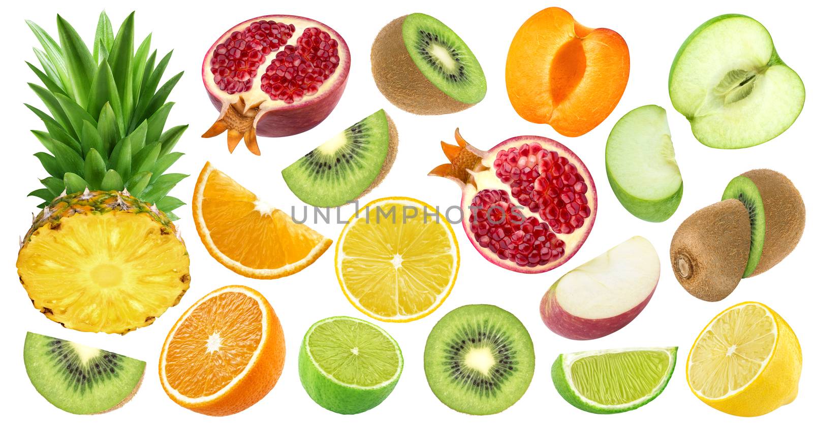 Set of various cut fruits isolated on white background by xamtiw