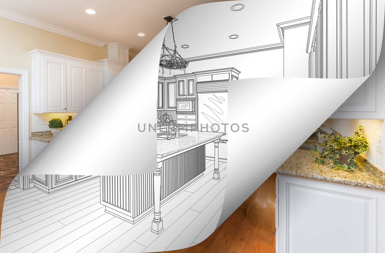 Kitchen Drawing Page Corners Flipping with Photo Behind.