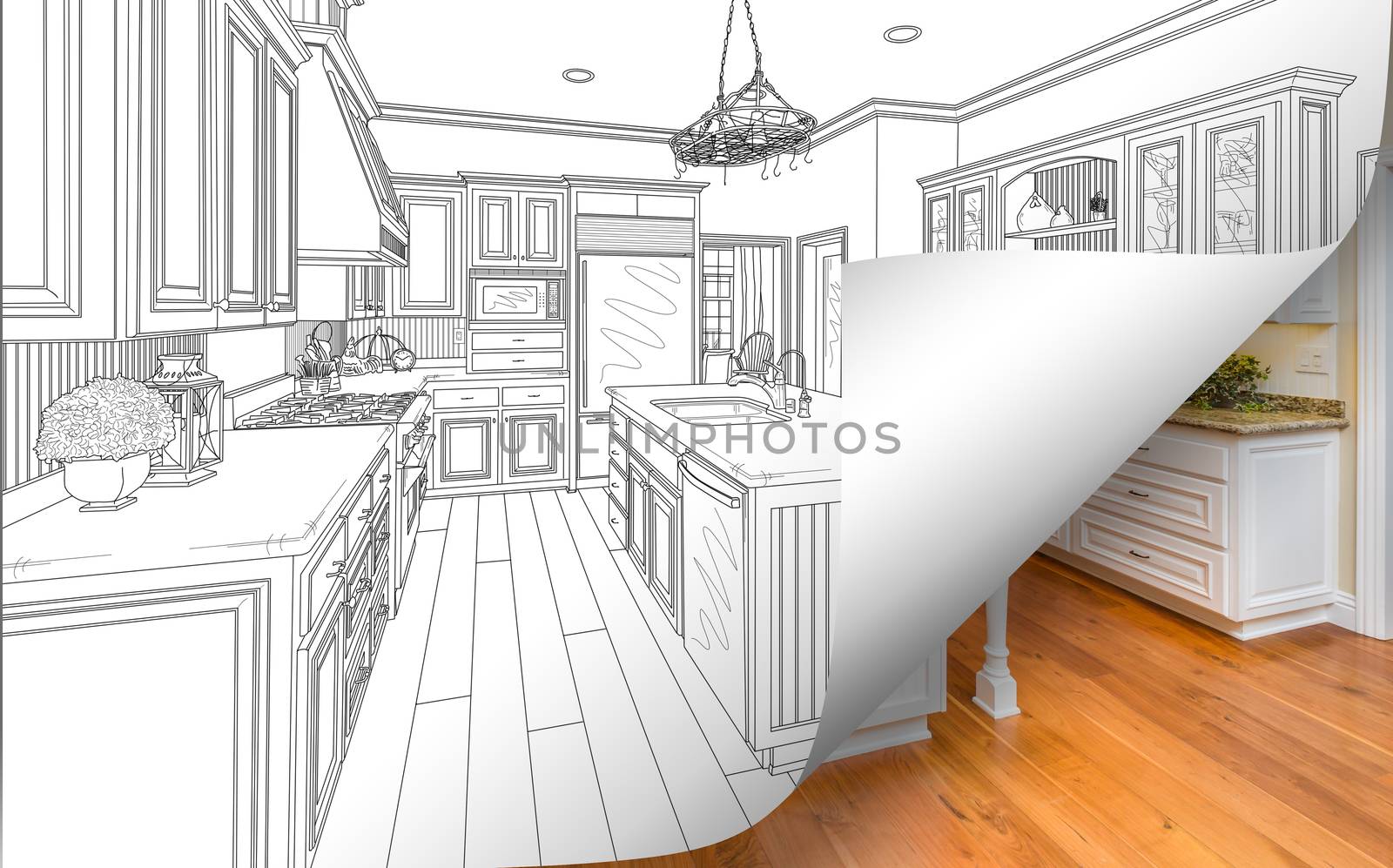 Kitchen Drawing Page Corner Flipping with Photo Behind.