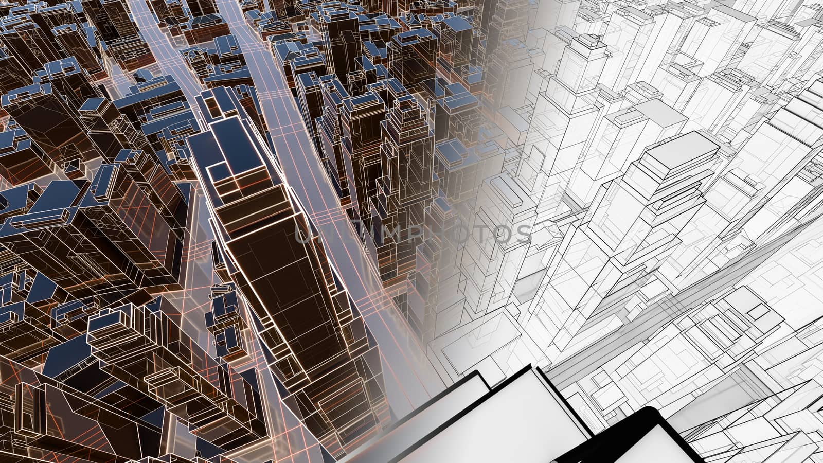 Abstract 3D city with luminous lines and black mirror buildings. The concept of new technologies. 3d illustration