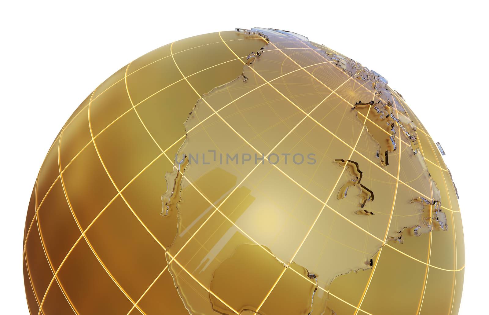 Golden globe with glass continents. 3d illustration on white background. Abstract sphere as Earth