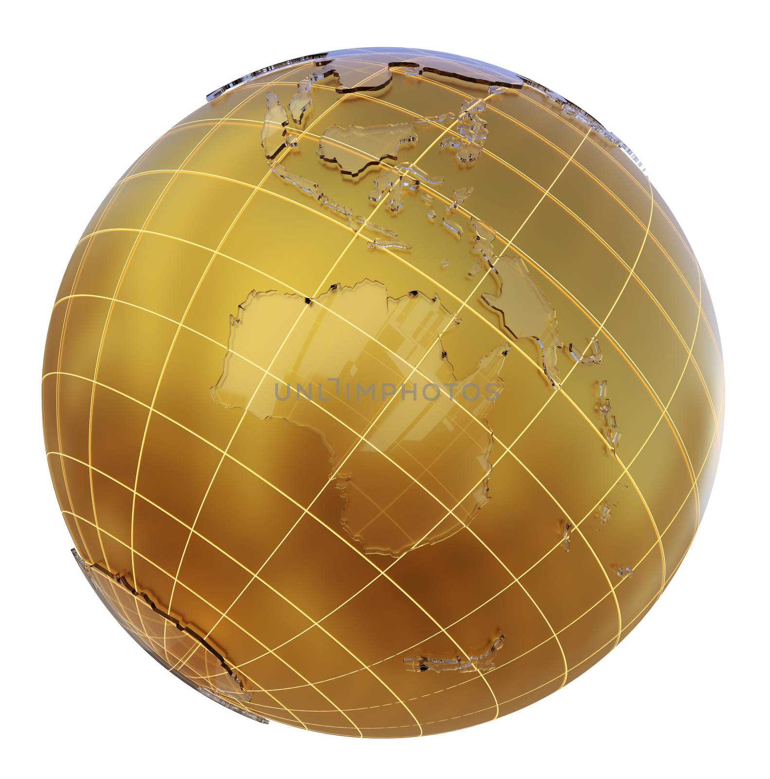 Golden globe with glass continents. 3d illustration on white background. Abstract sphere as Earth