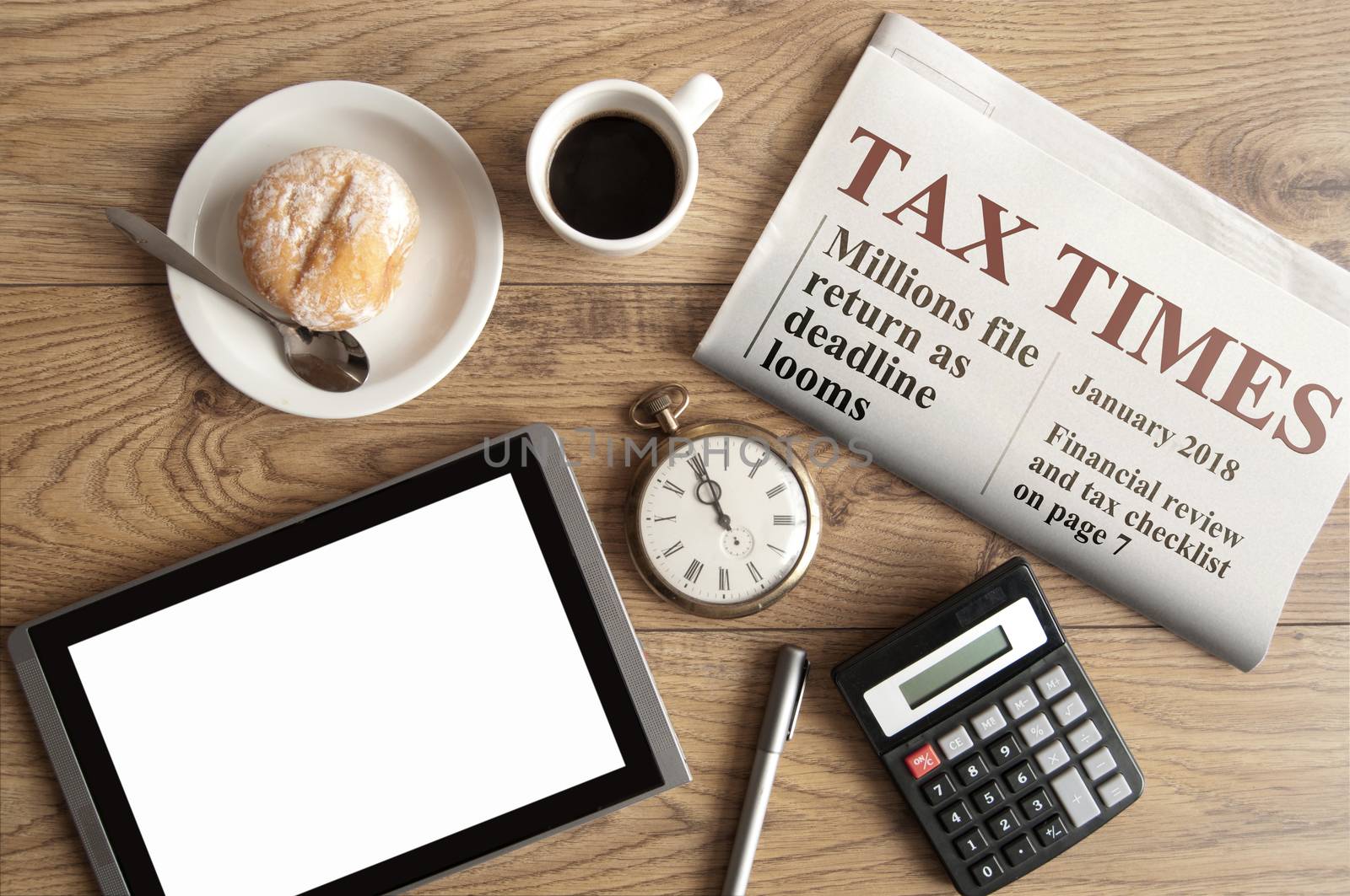 Tax times mock up newspaper with clock, calculator and blank tablet screen